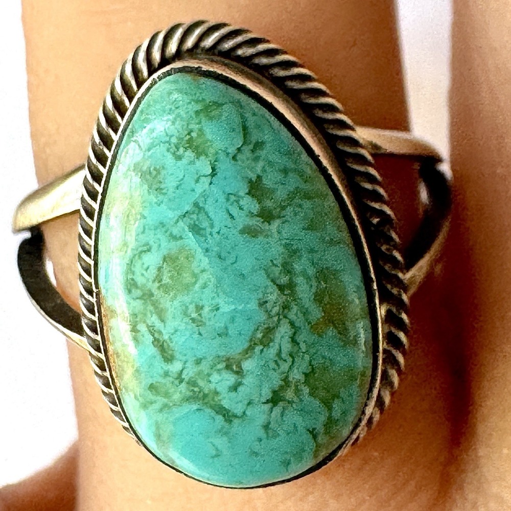 Navajo Turquoise Ring Sz 7.5 Signed Skeets Sterling‎ Native American Handmade